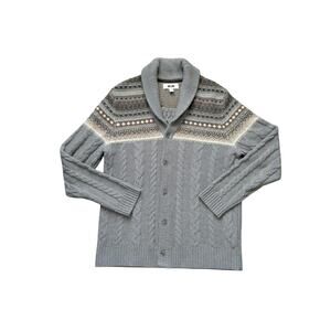 Joseph Abboud Cable Knit Fair Isle Cardigan Sweater Mens XL Gray Wool Heritage